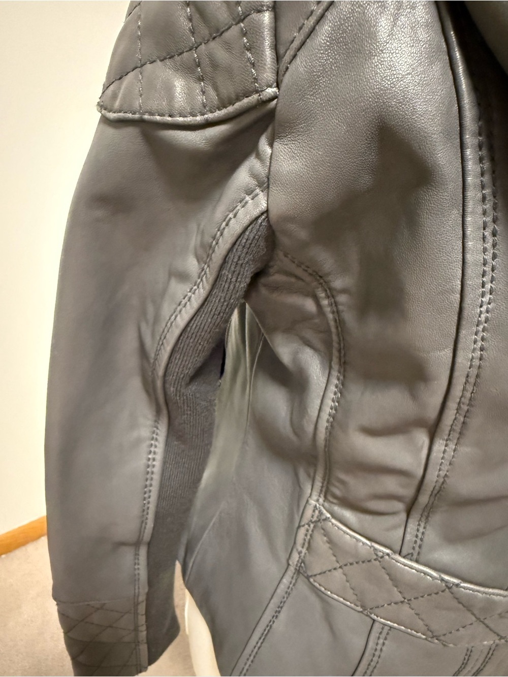 Michael Kors Slate Gray Hooded Moto Jacket Ribbed Knit Panels S - Picture 4 of 10